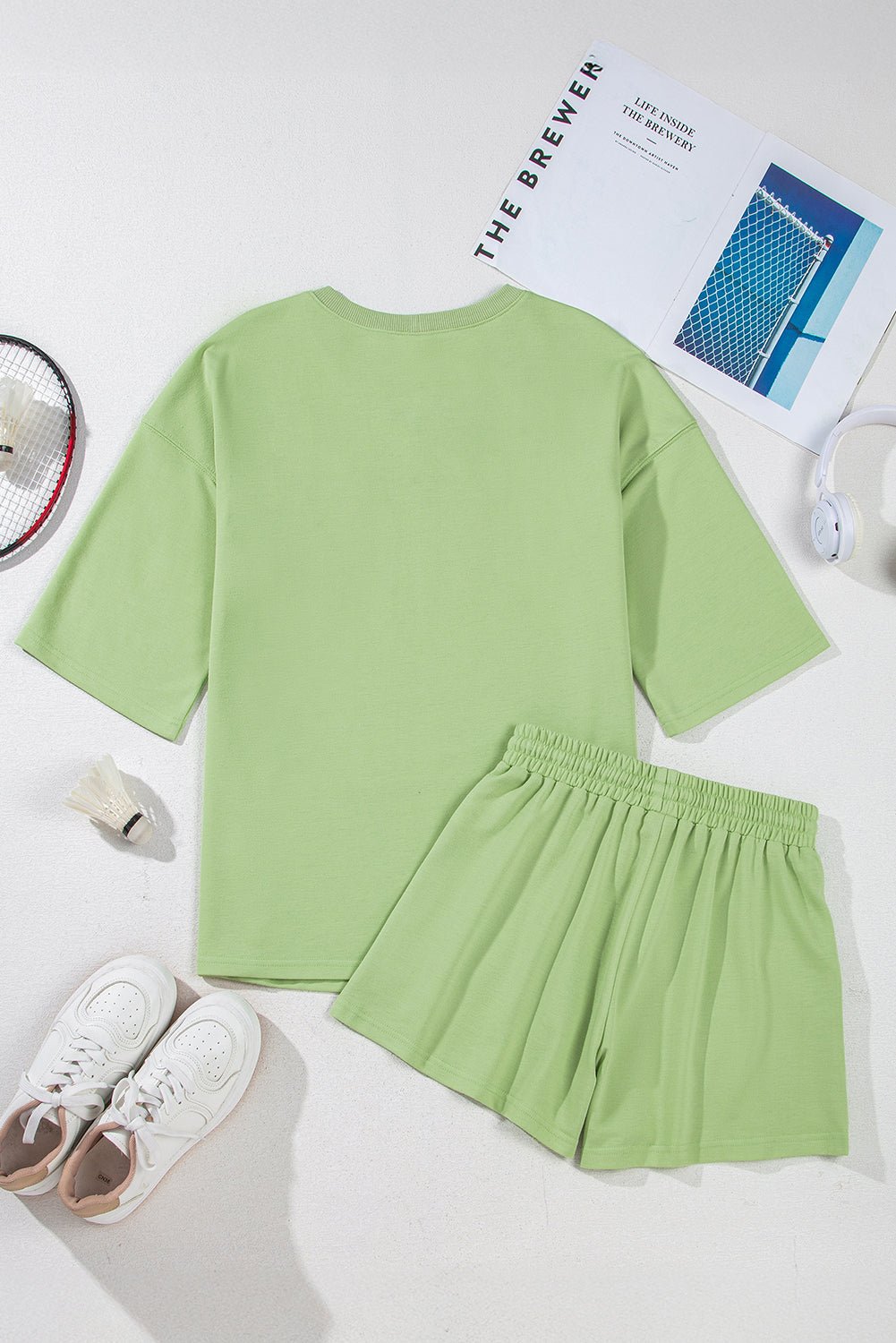 Solid Loose V-Neck Tee &amp; Drawstring Shorts Set