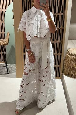 Crochet Floral Lace Button-down shirts &amp; wide leg pant set