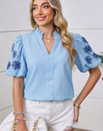 Flower Embroidered Puff Sleeve Split Neck Blouse