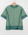 Colorblock 3/4 Sleeve Raw Seam High-Low Top