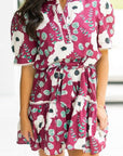 Floral Short Puff Sleeve Belted Mini Dress