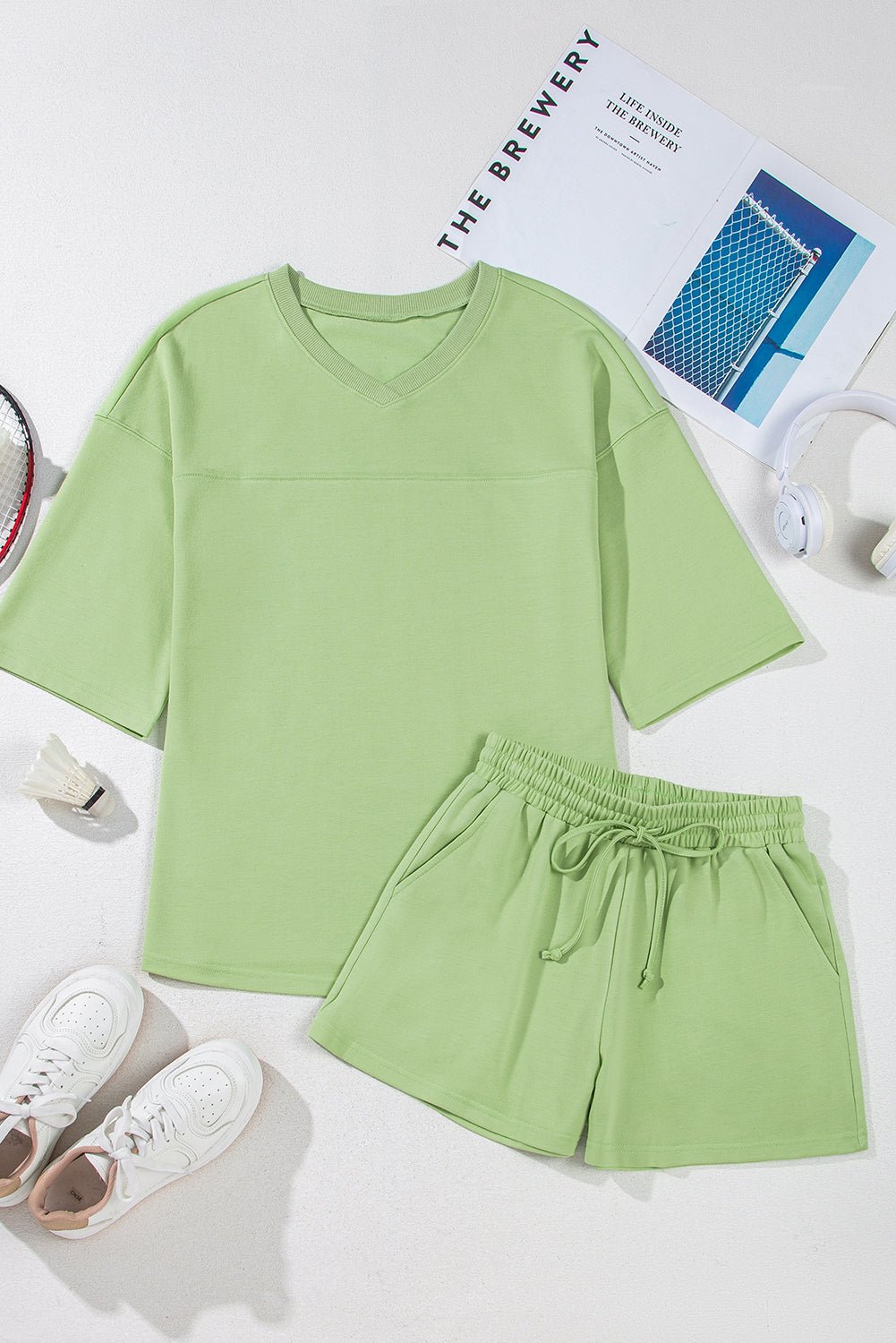 Solid Loose V-Neck Tee &amp; Drawstring Shorts Set