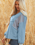 Stripe Patchwork Waffle Knit V-Neck Pullover