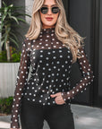 Polka Dot Mesh Mock Neck Long Sleeve Top