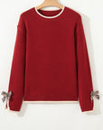 Leopard Bow Split Cuff Contrast Trim Sweater
