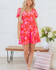 Floral Bubble Sleeve Sweetheart Neck Ruffle Mini Dress