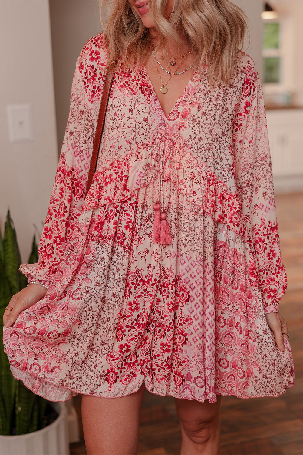 Melody Floral Tassel Tie Long Sleeve Mini Dress