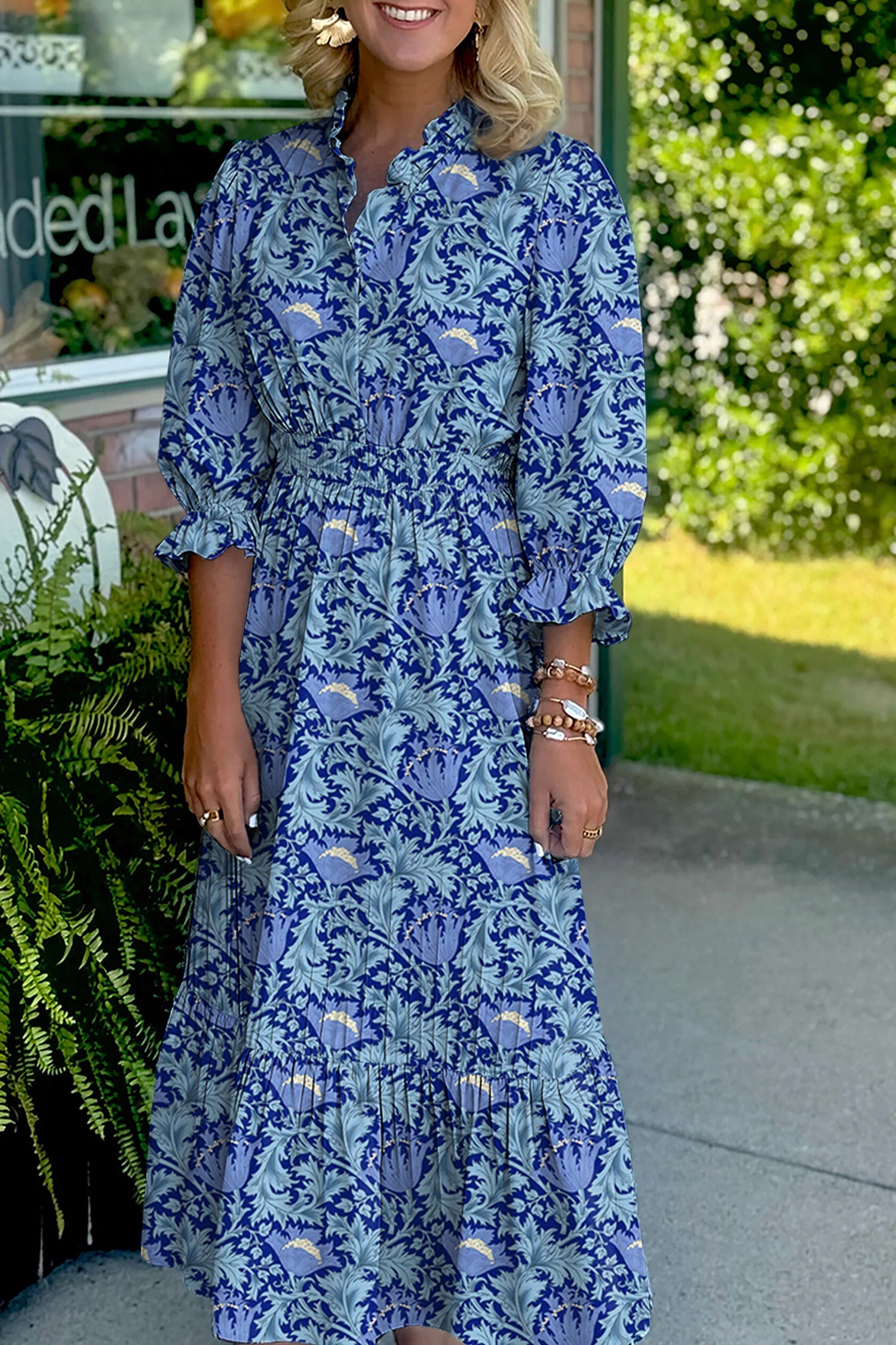 Floral Frilled V-Neck 3/4 Sleeve Midi Dress