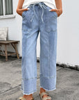 Denim Raw Hem Drawstring Wide Leg Pants