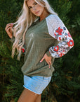Floral Ribbed Patchwork Long Sleeve Blouse