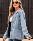 Solid Denim Scallop Collar Patch Pocket Buttoned Jacket