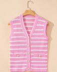 Stripe Buttoned V-Neck Sweater Knit Top