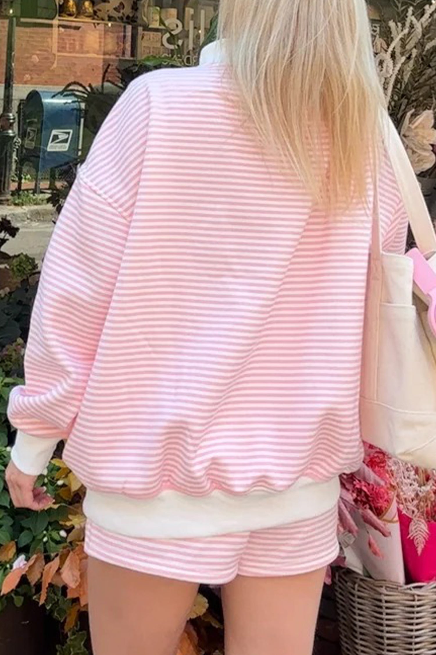 Stripe Oversize Mock Neck Sweatshirt &amp; Shorts Set