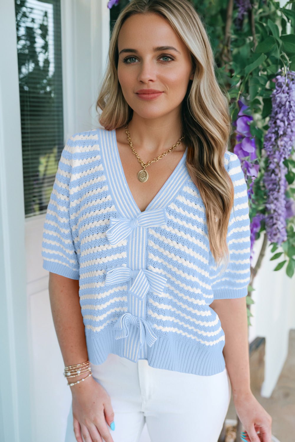 Stripe Bow Tie V-Neck Short Sleeve Sweater