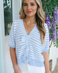 Stripe Bow Tie V-Neck Short Sleeve Sweater