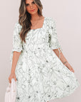 Floral Square Neck Shirred Back Mini Dress
