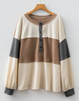 Plus Size Colorblock Waffle Knit Patchwork Half-Button Top