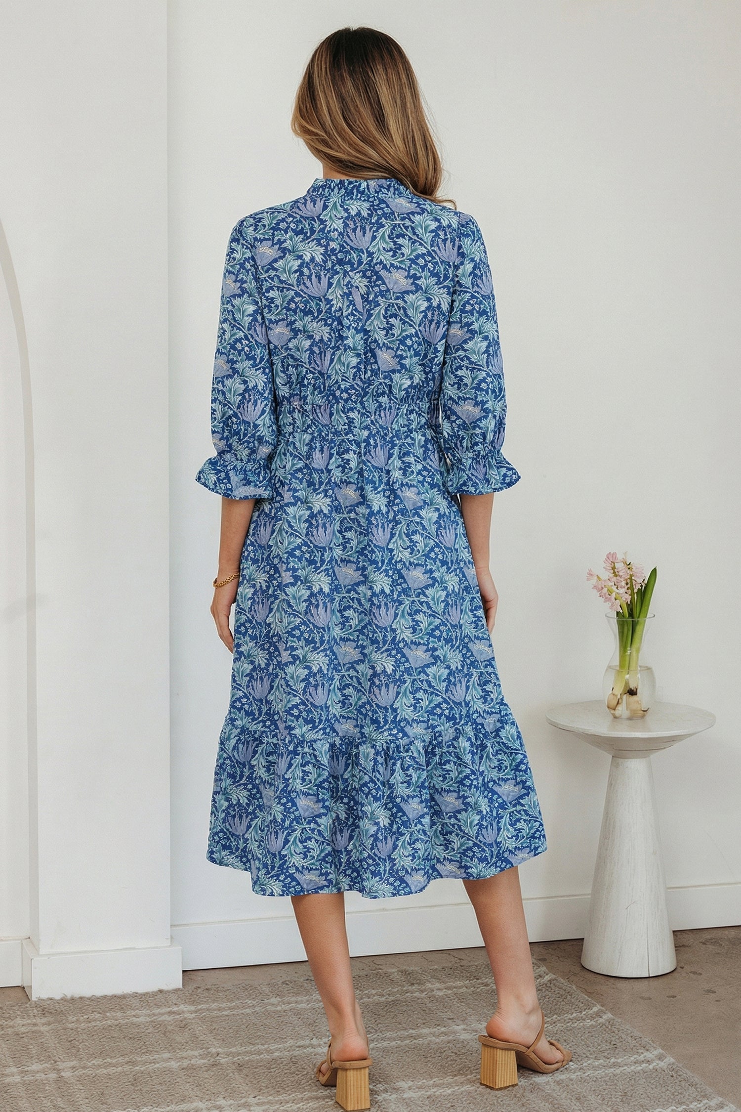 Floral Frilled V-Neck 3/4 Sleeve Midi Dress