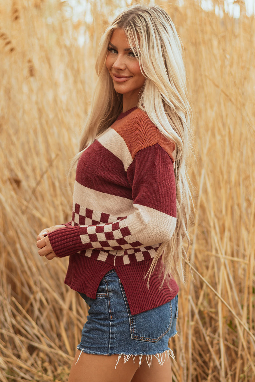 Checker Colorblock Knitted Drop Shoulder Sweater
