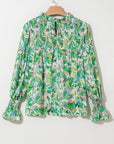 Abstract Floral Flounce Sleeve Mock Neck Blouse