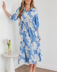 Floral Button-Front 3/4 Sleeve Ruffle Hem Dress