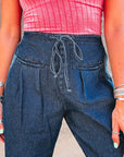 Denim Checker Side Panel Patchwork Drawstring Pants