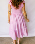 Smocked V-Neck Flutter Sleeve Tiered Midi Dress