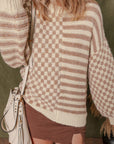 Stripe Checker Balloon Sleeve Sweater