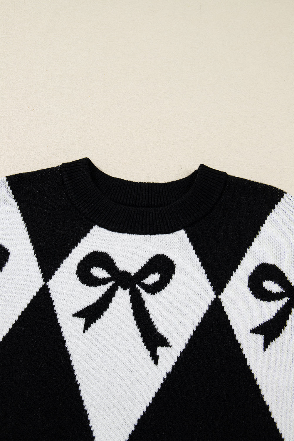 Bow Colorblock Rhombus Drop Shoulder Sweater