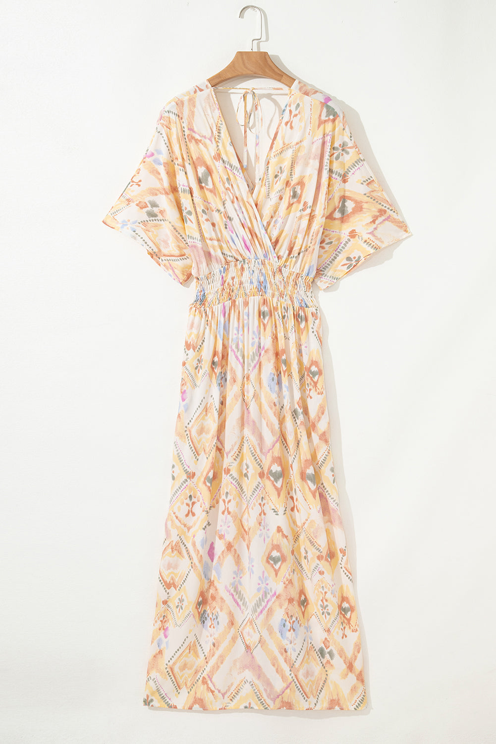 Geometric 3/4 Sleeve Shirred Maxi Dress