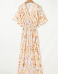 Geometric 3/4 Sleeve Shirred Maxi Dress