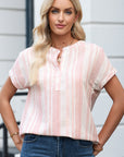 Stripe Half Buttoned Short Sleeve Blouse