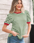 Stripe Contrast Trim Short Puff Sleeve Tee