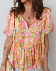 Flower Split V-Neck Short Sleeve Blouse