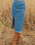 Leopard Denim Frayed Hem Midi Skirt