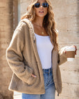 Fleece Zip Up Drawstring Hooded Pocketed Jacket