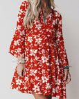 Boho Floral Lettuce Trim 3/4 Sleeve Mini Dress
