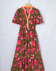 Floral Stripe Trim Short Puff Sleeve Maxi Dress