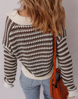 Stripe Eyelet Contrast Collared V-Neck Sweater