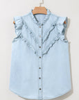 Mazie Mineral Wash Cap Sleeve Frilled Button Up Denim Shirt