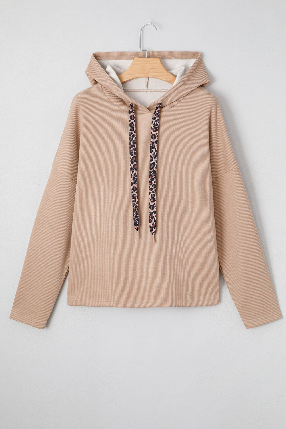 Ribbed Knit Leopard &amp; Lace Drawstring Hoodie