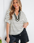 Stripe Stand Collar V-Neck Dolman Sleeve Top