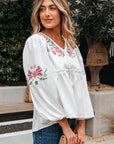 Floral Lace-Up V-Neck Babydoll Blouse