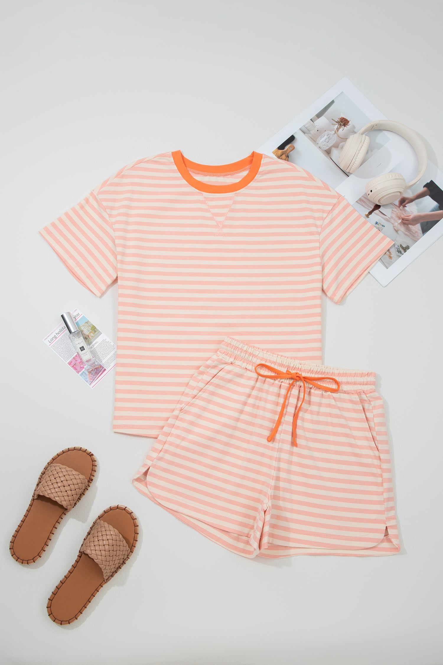 Stripe Contrast Trim Tee &amp; Drawstring Shorts Set