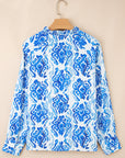 Abstract Tie-Neck Button- Up Puff Sleeve Shirt