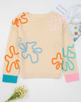 Colorblock Flower Cuffed Long Sleeve Sweater