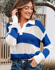 Genevieve Stripe Collar Eyelet Crochet Knitted Sweater