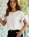 Solid Ribbed Knit Ruffle Short Sleeve T-Shirt