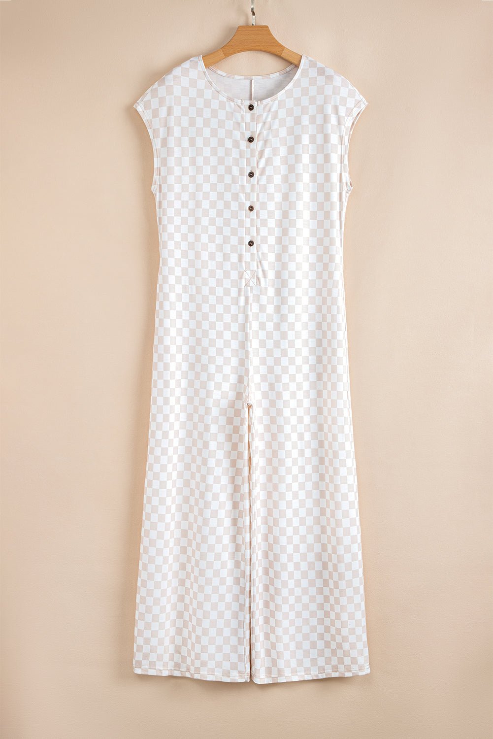 Paisley Checkered Buttoned Crew Neck Wide Leg Jumpsuit