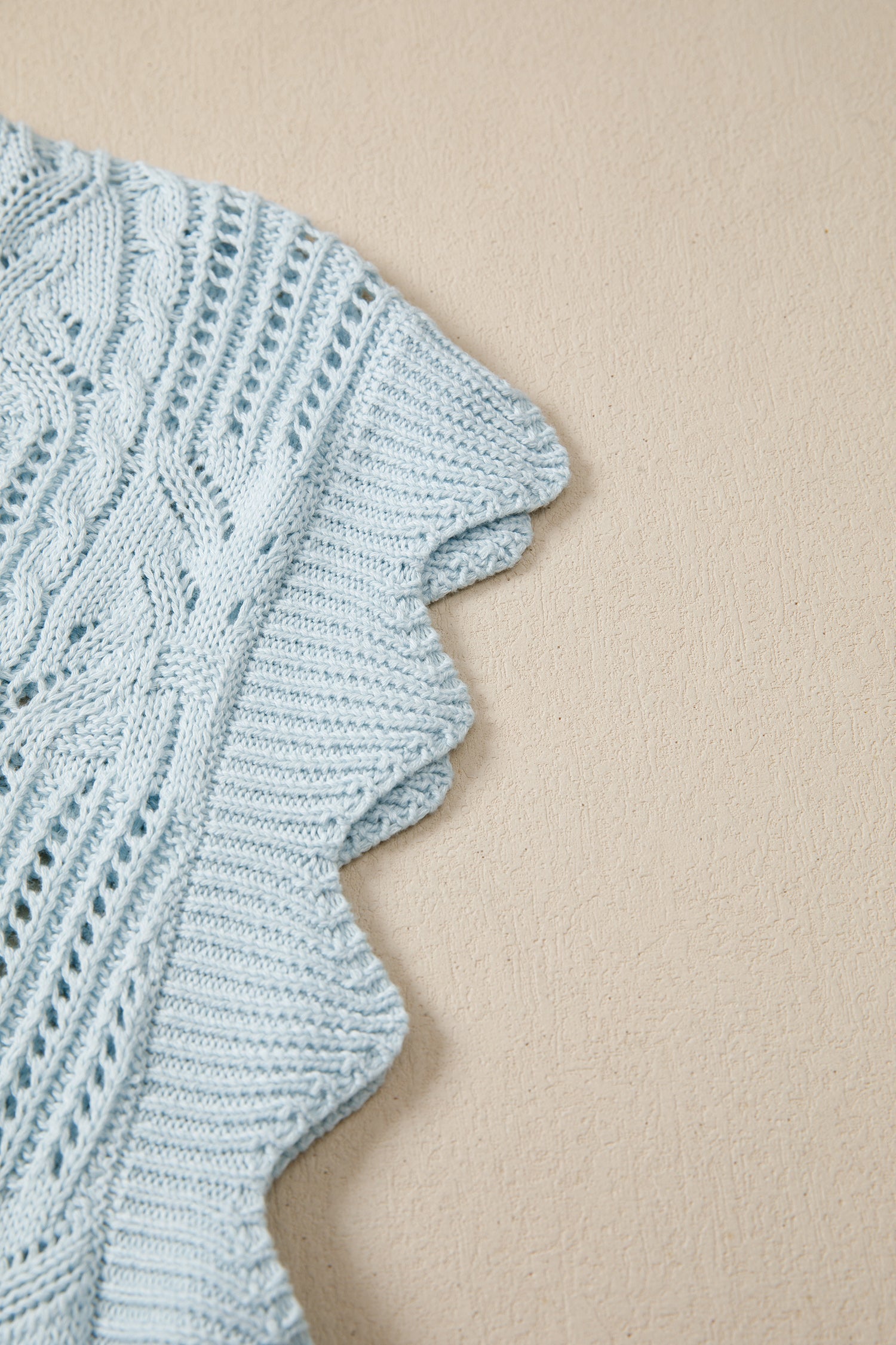 Pointelle Knit Scallop Trim Short Sleeve Sweater